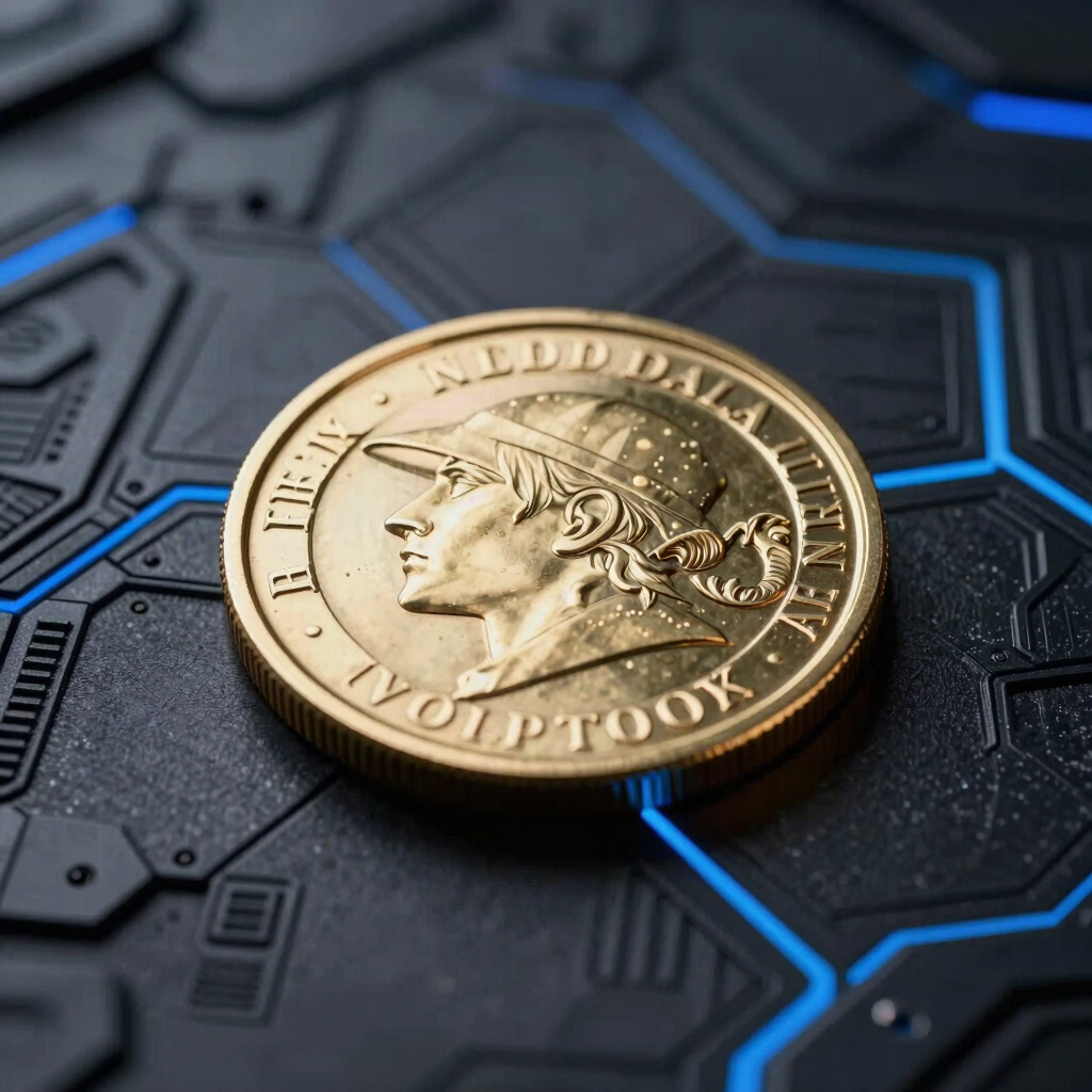 Macro extreme close-up of a heavy metallic gold faction coin resting on a dark obsidian tactical map, sharp blue rim lighting, cinematic 3D render